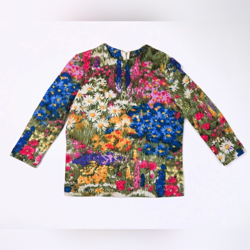 Vintage 60s Floral Garden Wool Sweater Kio Hooper Germany Women's Small Colorful